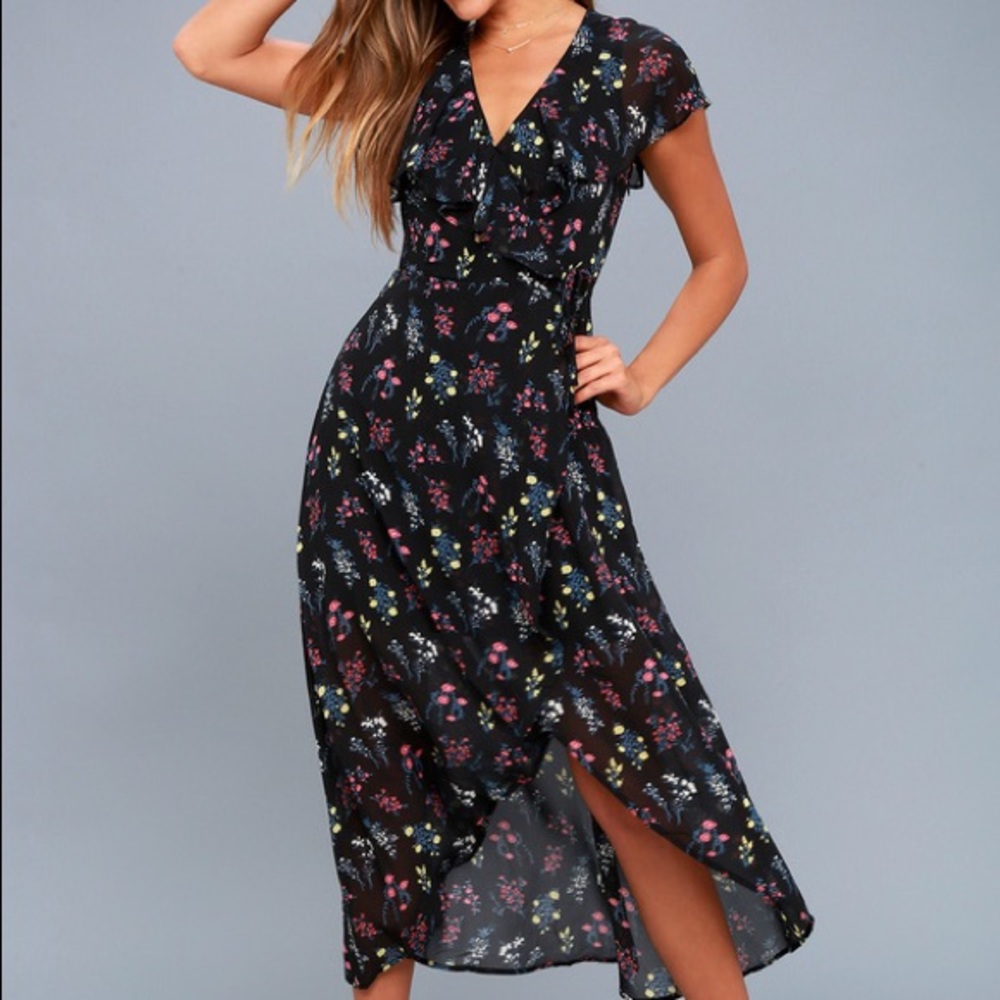 Lulu's Act of Love Black Floral Midi Wrap Dress